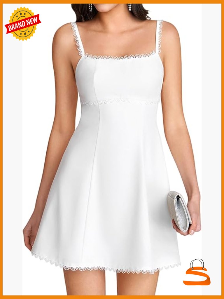 Floral Lace Mini Dress Square Neck Spaghetti Straps Bow Tie Back Flowy Summer
